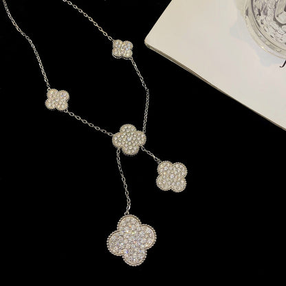 [Royal Jewelry]CLOVER 5 MOTIFS SILVER DIAMONDS NECKLACE