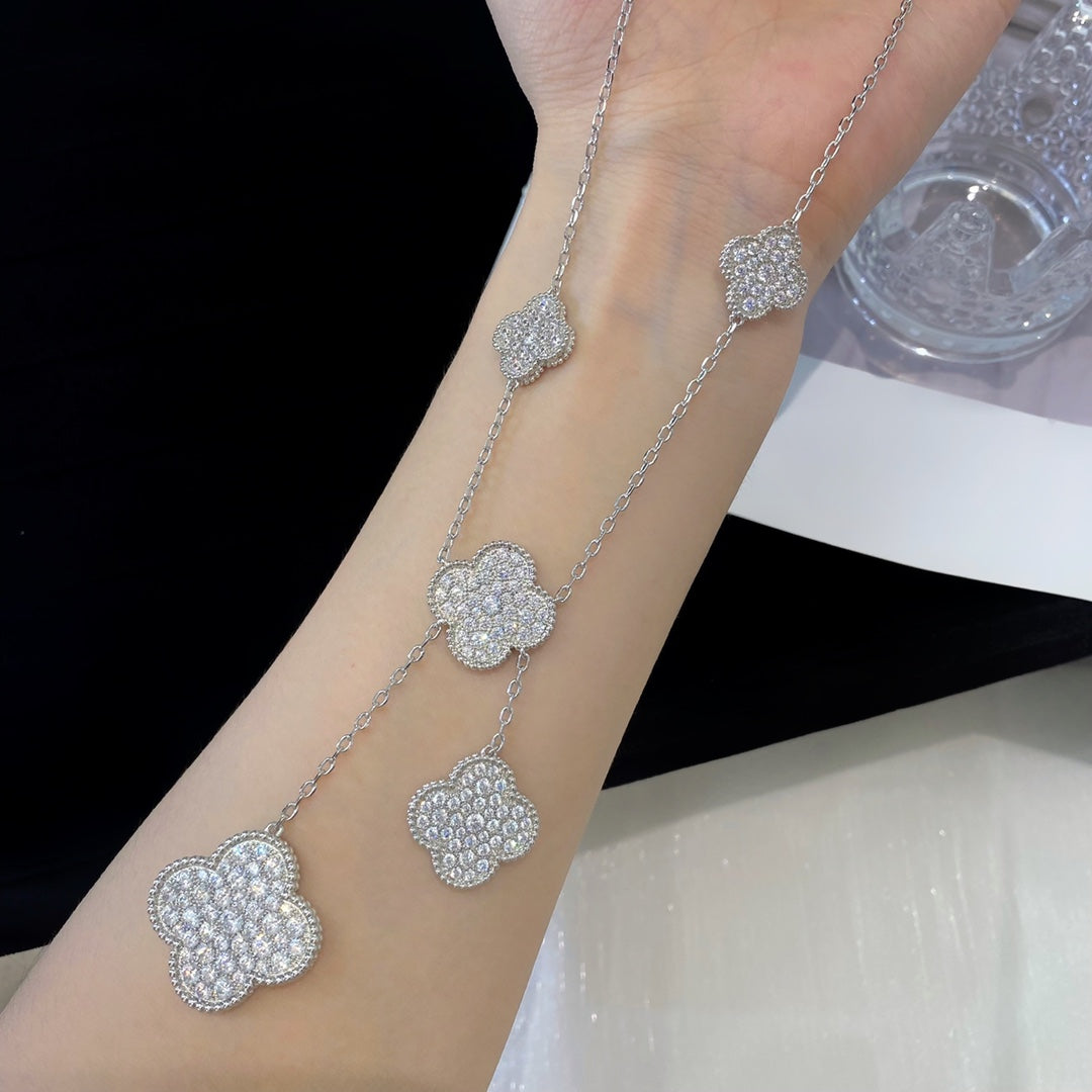 [Royal Jewelry]CLOVER 5 MOTIFS SILVER DIAMONDS NECKLACE