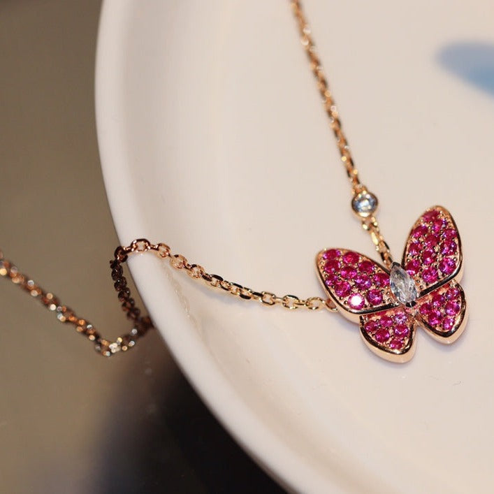 [Royal Jewelry]BUTTERFLY RED DIAMOND ROSE GOLD NECKLACE