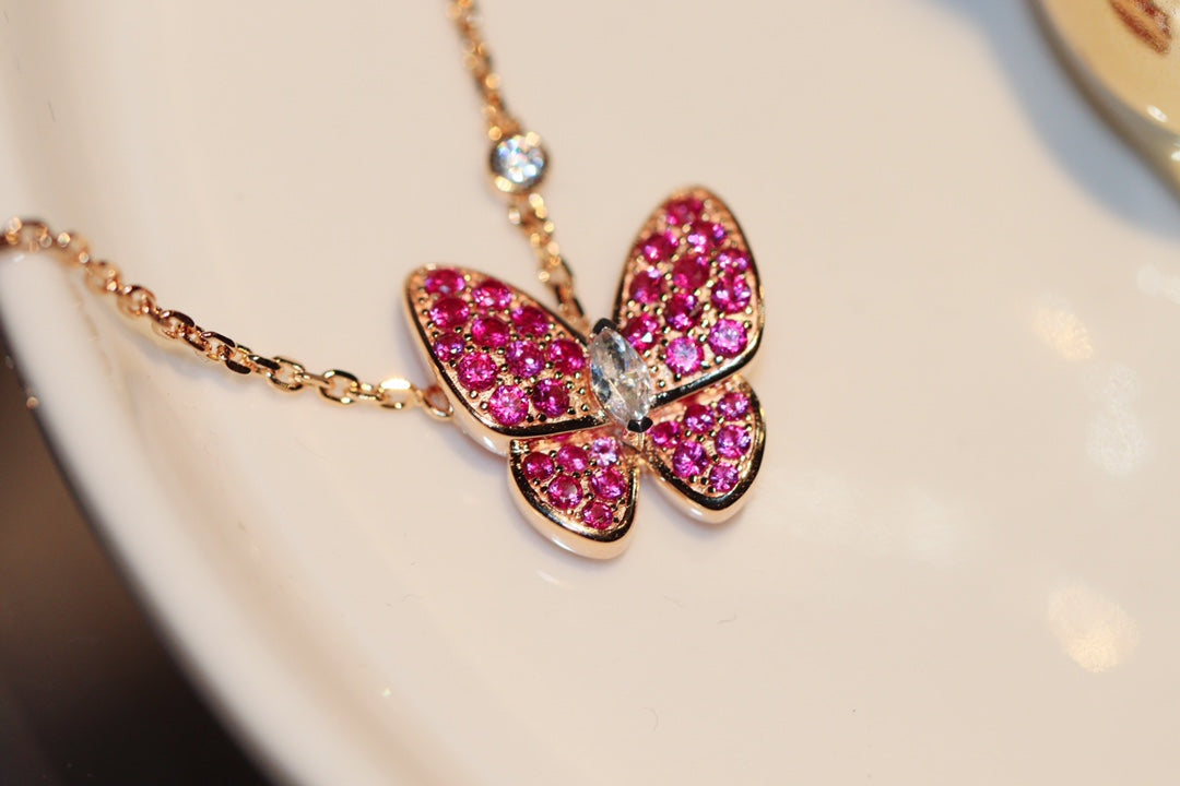 [Royal Jewelry]BUTTERFLY RED DIAMOND ROSE GOLD NECKLACE