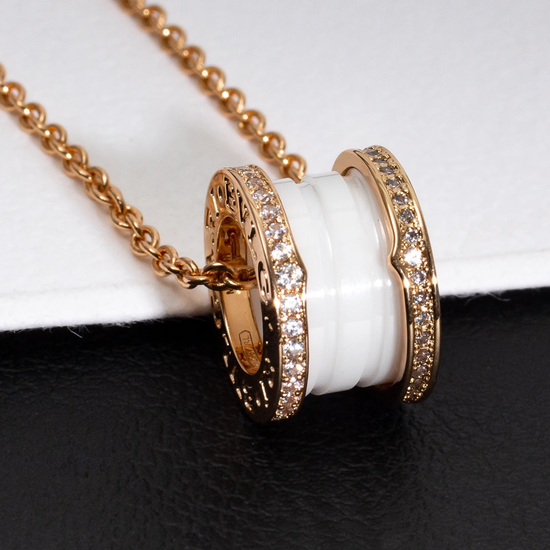 [Royal Jewelry]ZERO 1 WHITE CERAMIC PINK GOLD DIAMOND NECKLACE