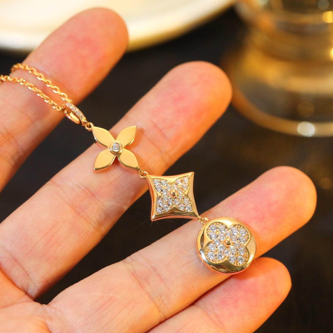 [Royal Jewelry]STAR AND SUN DIAMOND PINK GOLD NECKLACE