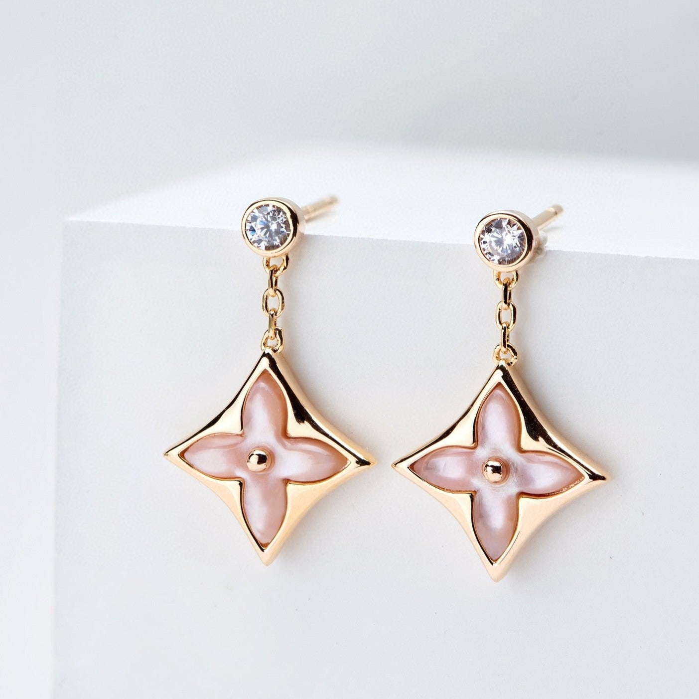 [Royal Jewelry]DOUBLE STAR PINK GOLD MOP DROP EARRINGS