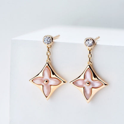 [Royal Jewelry]DOUBLE STAR PINK GOLD MOP DROP EARRINGS