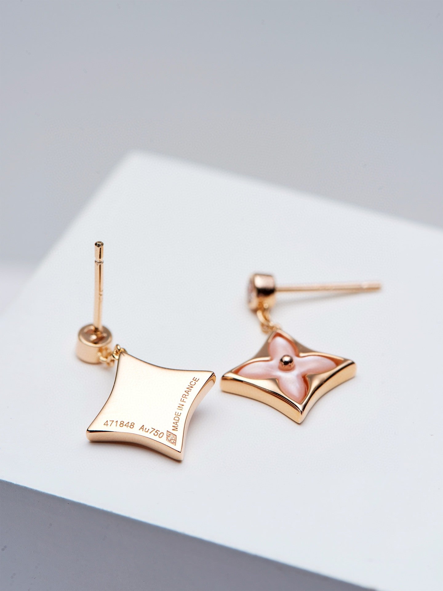 [Royal Jewelry]DOUBLE STAR PINK GOLD MOP DROP EARRINGS