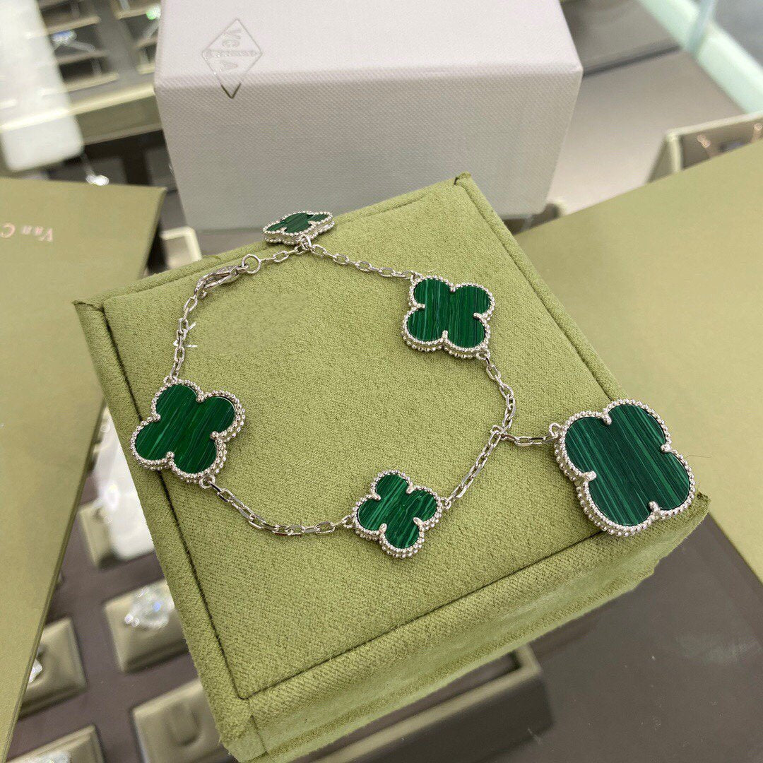 [Royal Jewelry]CLOVER 5 MOTIFS SIVLER MALACHITE BRACELET