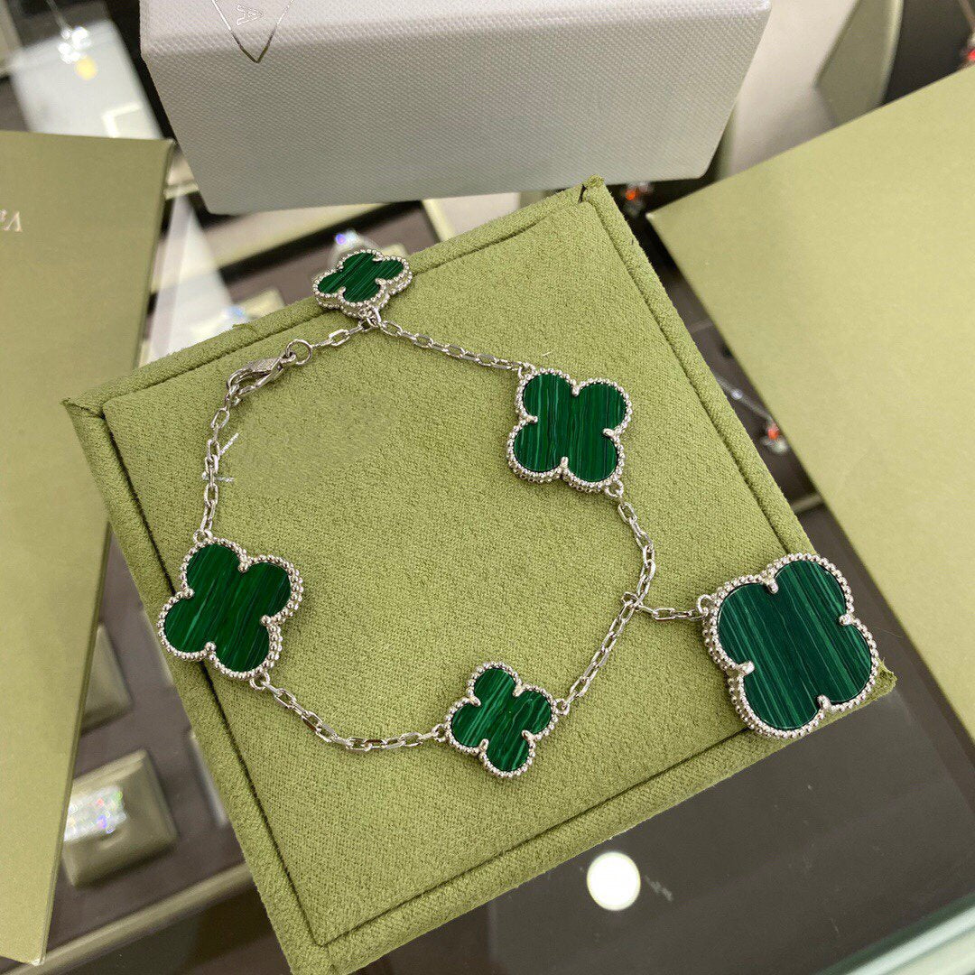 [Royal Jewelry]CLOVER 5 MOTIFS SIVLER MALACHITE BRACELET