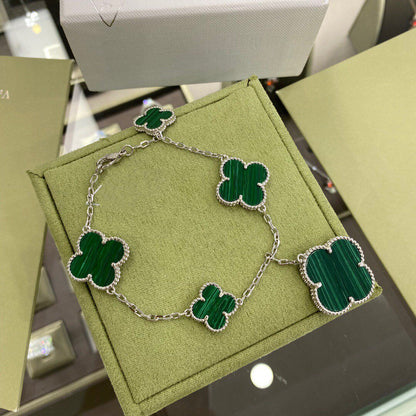 [Royal Jewelry]CLOVER 5 MOTIFS SIVLER MALACHITE BRACELET