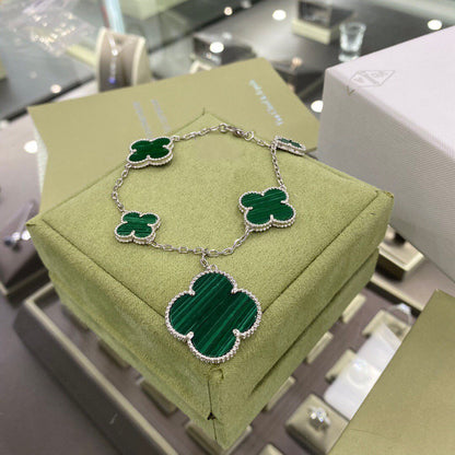 [Royal Jewelry]CLOVER 5 MOTIFS SIVLER MALACHITE BRACELET