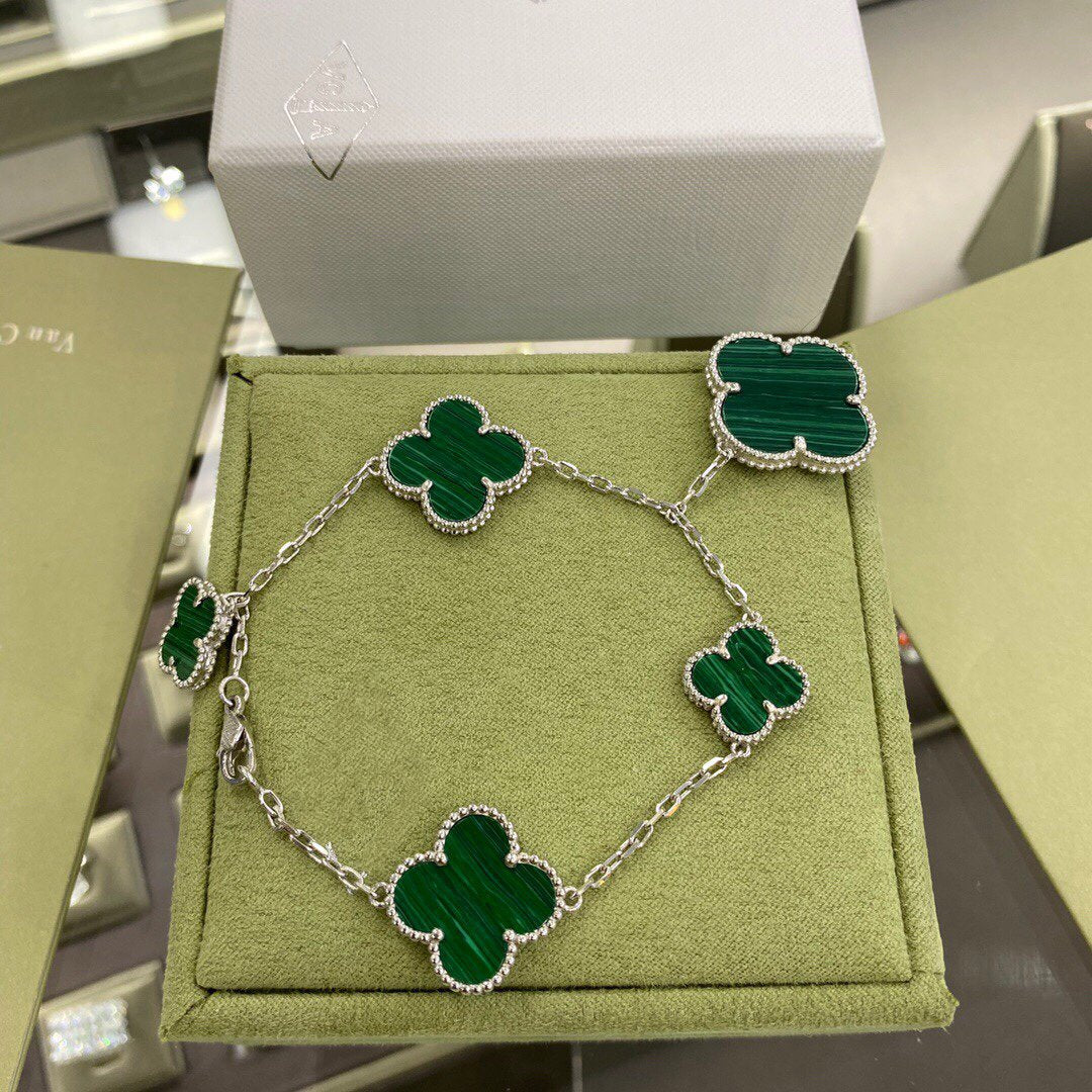 [Royal Jewelry]CLOVER 5 MOTIFS SIVLER MALACHITE BRACELET