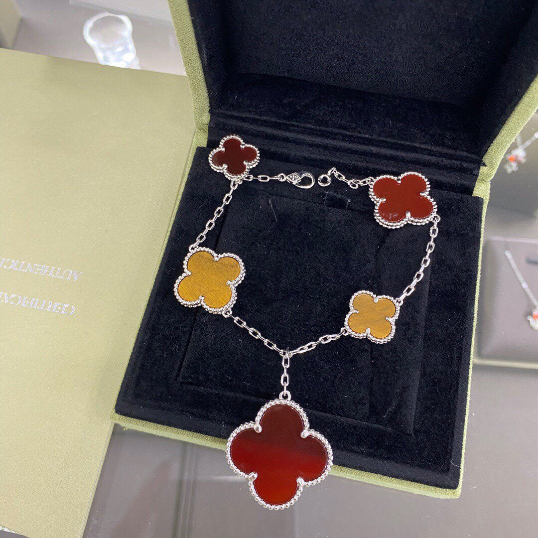 [Royal Jewelry]CLOVER 5 MOTIFS SIVLER CARNELIAN TIGER EYE BRACELET