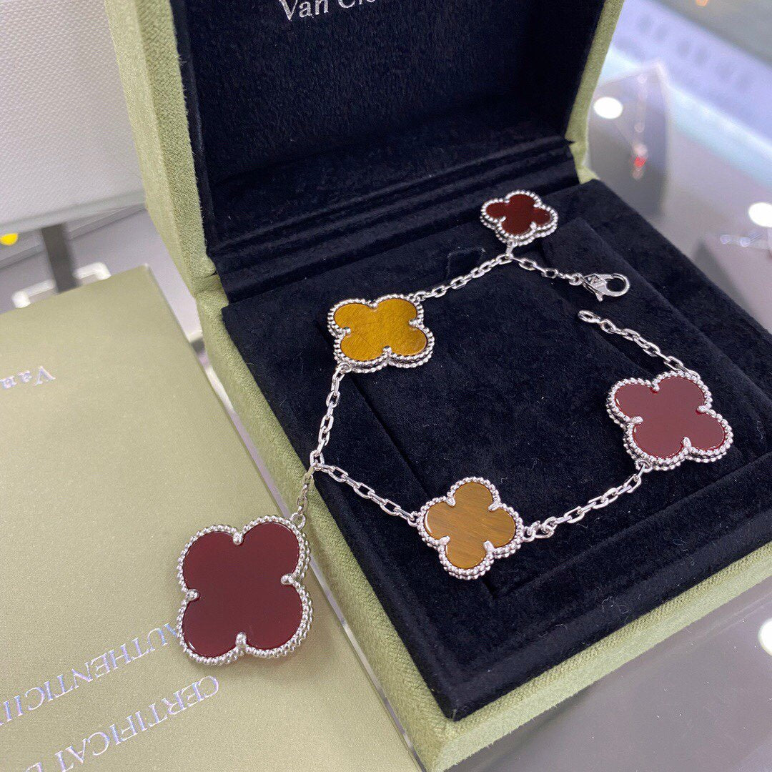 [Royal Jewelry]CLOVER 5 MOTIFS SIVLER CARNELIAN TIGER EYE BRACELET