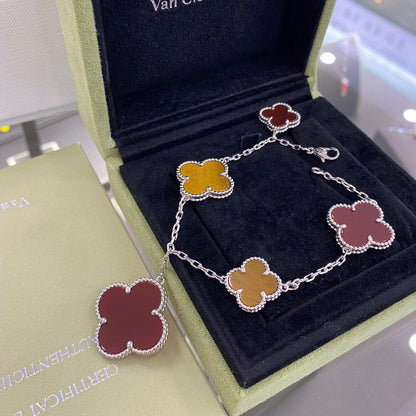 [Royal Jewelry]CLOVER 5 MOTIFS SIVLER CARNELIAN TIGER EYE BRACELET