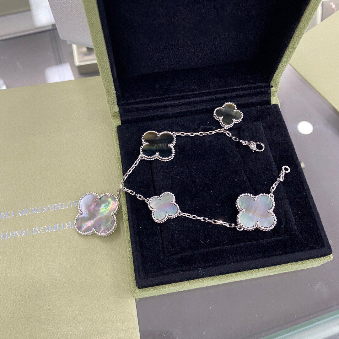 [Royal Jewelry]CLOVER 5 MOTIFS SIVLER DARK MOP BRACELET