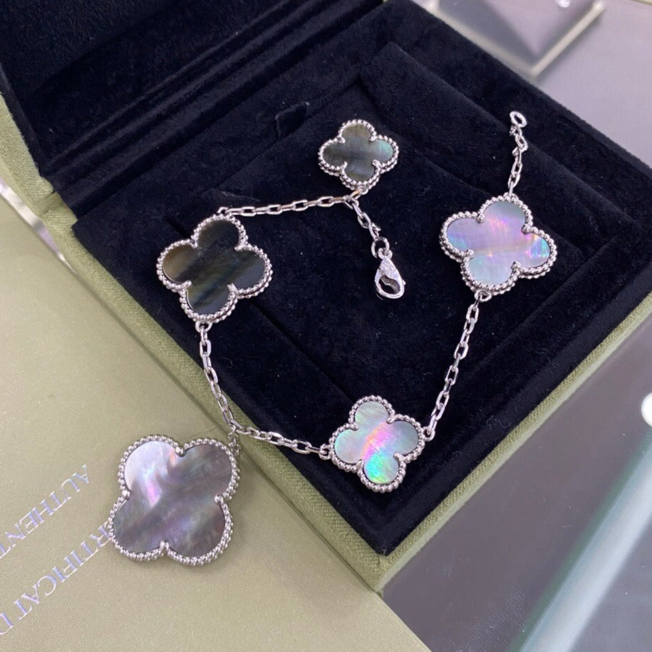 [Royal Jewelry]CLOVER 5 MOTIFS SIVLER DARK MOP BRACELET