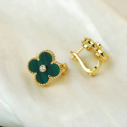 [Royal Jewelry]CLOVER MEDIUM 1 MOTIFS MALACHITE DIAMOND EARRINGS
