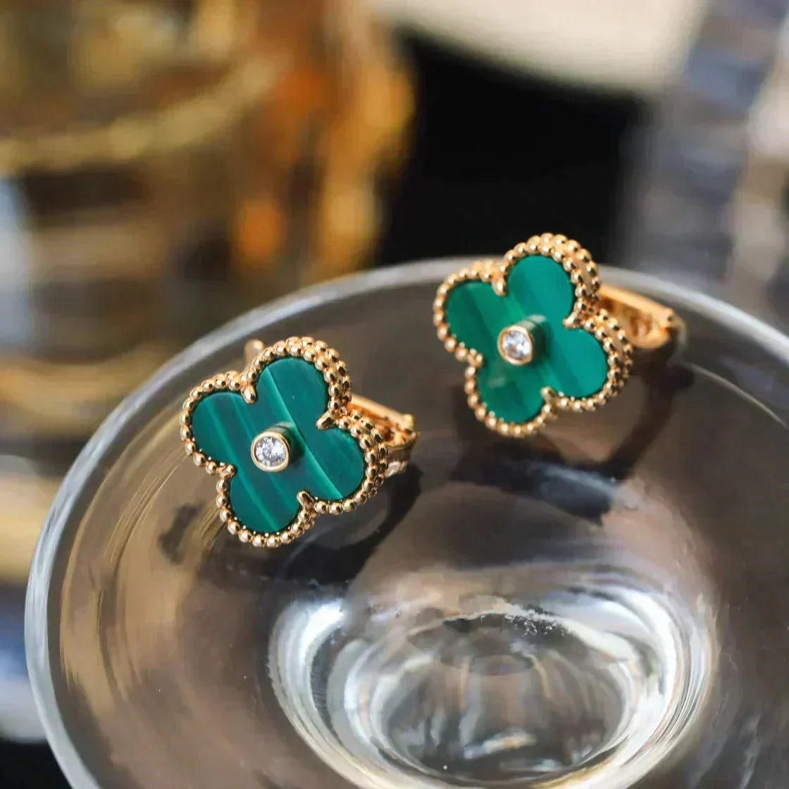 [Royal Jewelry]CLOVER MEDIUM 1 MOTIFS MALACHITE DIAMOND EARRINGS