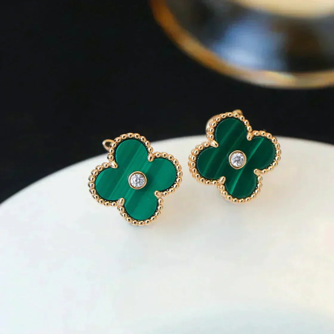 [Royal Jewelry]CLOVER MEDIUM 1 MOTIFS MALACHITE DIAMOND EARRINGS
