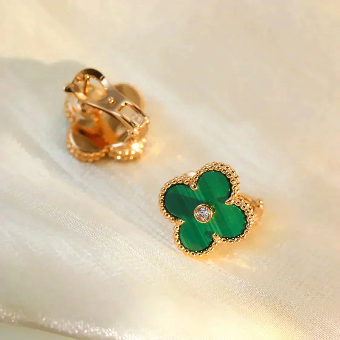 [Royal Jewelry]CLOVER MEDIUM 1 MOTIFS MALACHITE DIAMOND EARRINGS