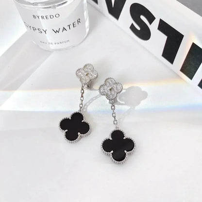[Royal Jewelry]CLOVER 2 MOTIFS  DIAMOND ONYX EARRINGS SILVER