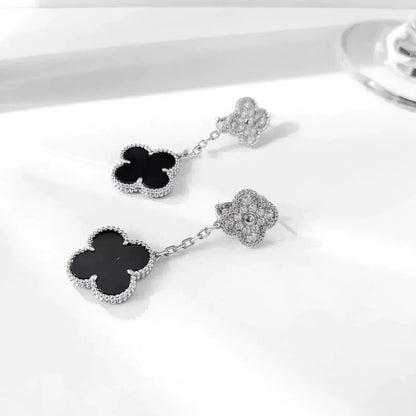 [Royal Jewelry]CLOVER 2 MOTIFS  DIAMOND ONYX EARRINGS SILVER