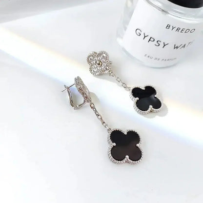 [Royal Jewelry]CLOVER 2 MOTIFS  DIAMOND ONYX EARRINGS SILVER