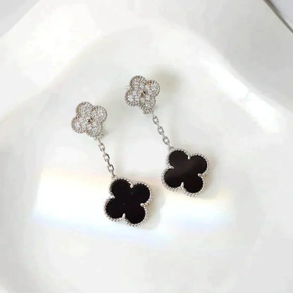 [Royal Jewelry]CLOVER 2 MOTIFS  DIAMOND ONYX EARRINGS SILVER