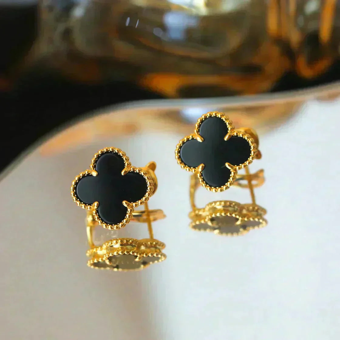 [Royal Jewelry]CLOVER MEDIUM 1 MOTIFS  ONYX STUD EARRINGS