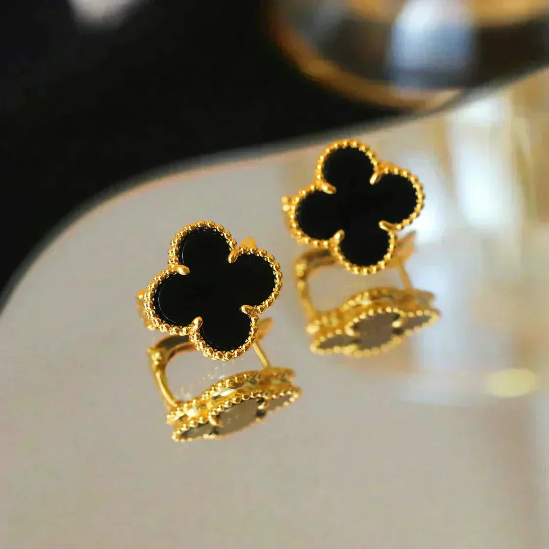 [Royal Jewelry]CLOVER MEDIUM 1 MOTIFS  ONYX STUD EARRINGS