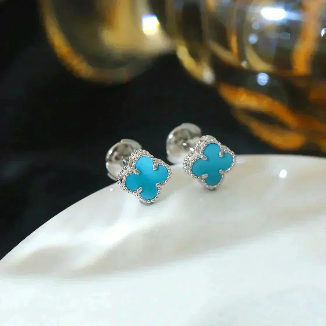 [Royal Jewelry]CLOVER MINI 9.5MM ONYX STUD EARRINGS SILVER