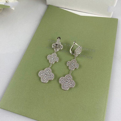 [Royal Jewelry]CLOVER 3 MOTIF DIAMOND SILVER DROP EARRINGS