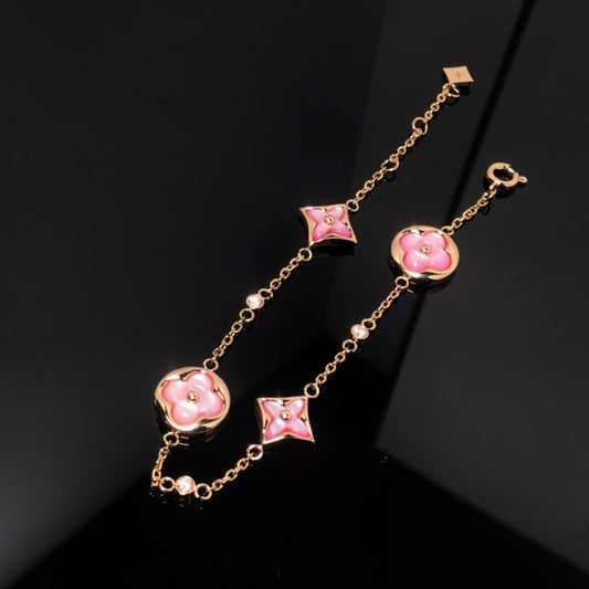 [Royal Jewelry]STAR AND SUN 4 MOTIF PINK MOP PINK GOLD BRACELET