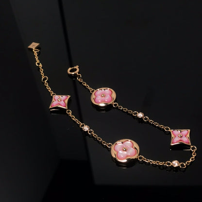 [Royal Jewelry]STAR AND SUN 4 MOTIF PINK MOP PINK GOLD BRACELET