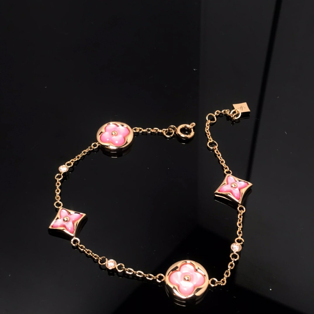 [Royal Jewelry]STAR AND SUN 4 MOTIF PINK MOP PINK GOLD BRACELET