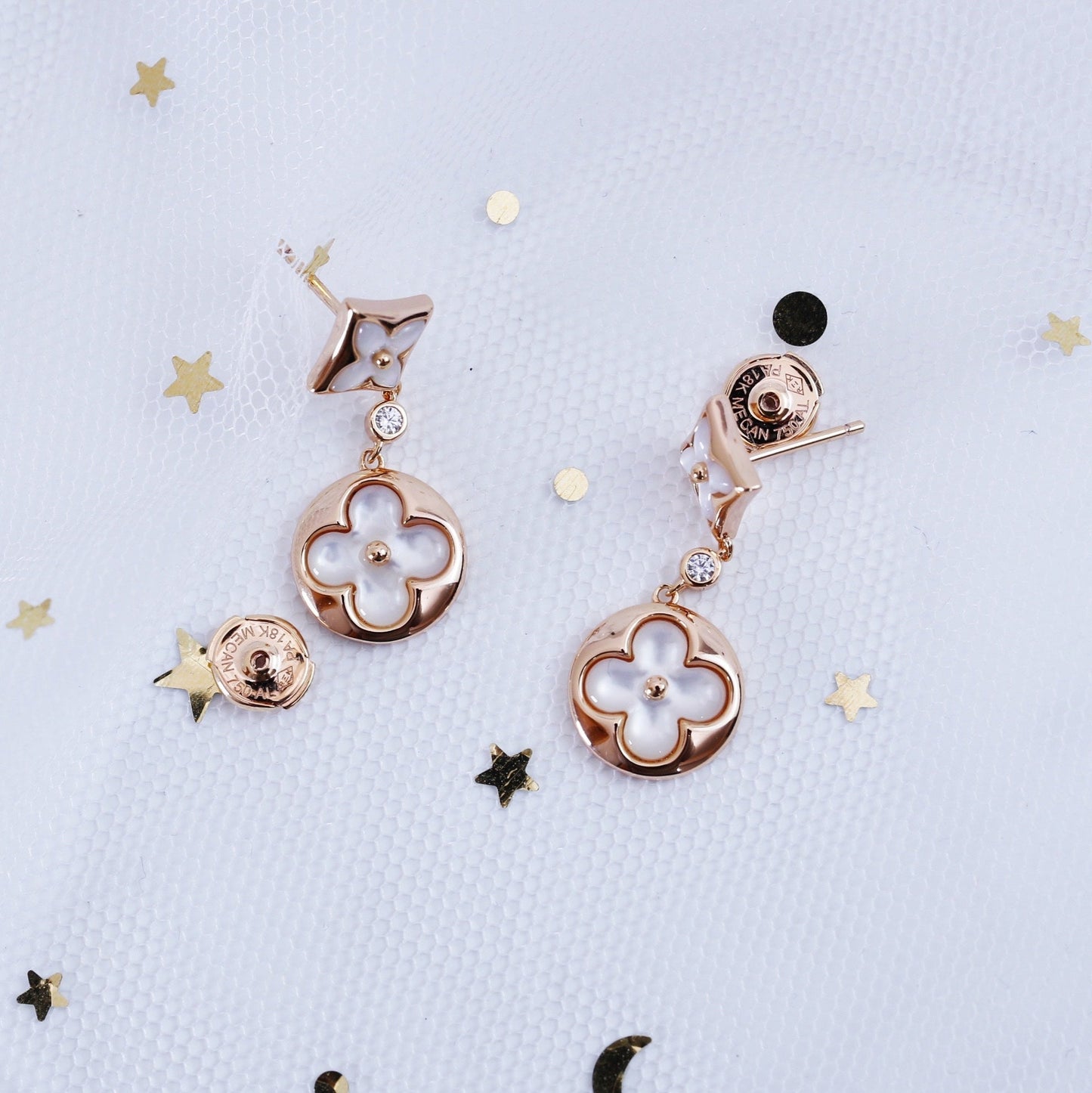 [Royal Jewelry]STAR AND SUN PINK GOLD MOP DROP EARRINGS