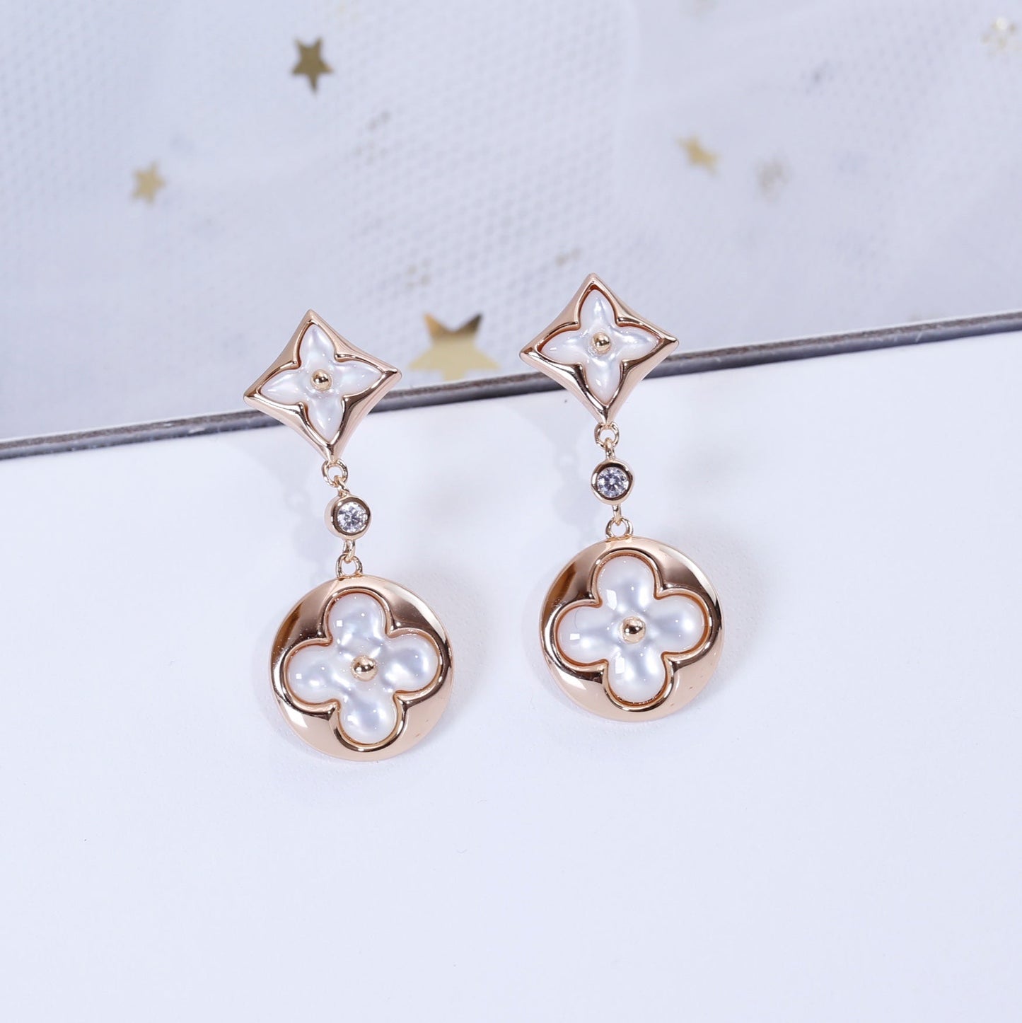 [Royal Jewelry]STAR AND SUN PINK GOLD MOP DROP EARRINGS
