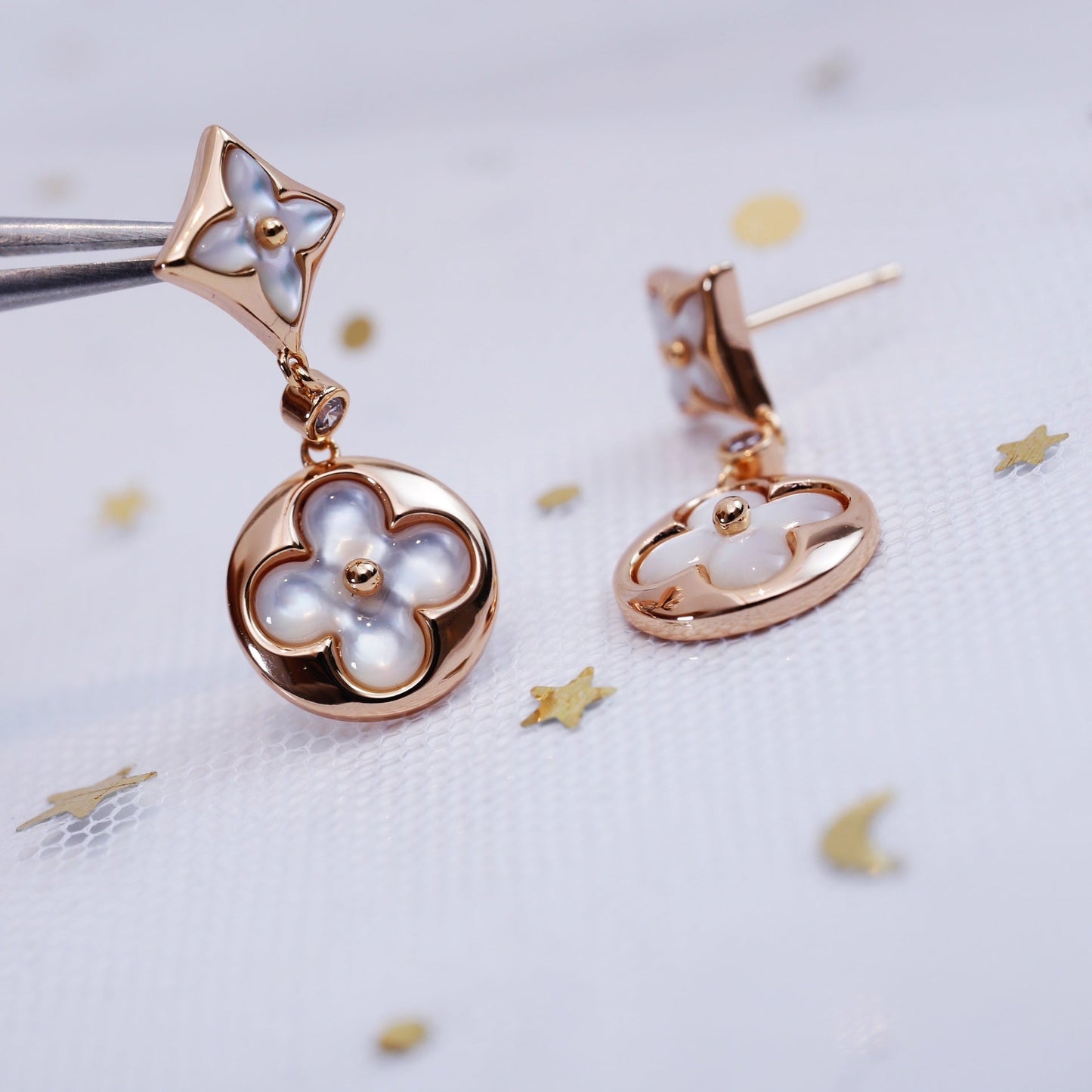 [Royal Jewelry]STAR AND SUN PINK GOLD MOP DROP EARRINGS