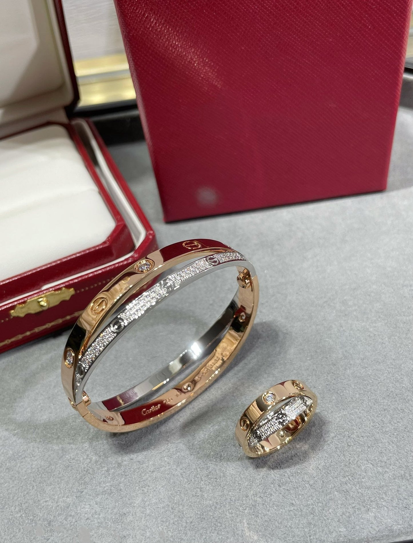 [Royal Jewelry]LOVE PINK GOLD SILVER DIAMOND DOUBLE RING