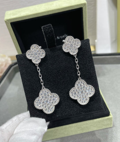 [Royal Jewelry]CLOVER 2 MOTIFS DIAMOND PAVED SILVER EARRINGS