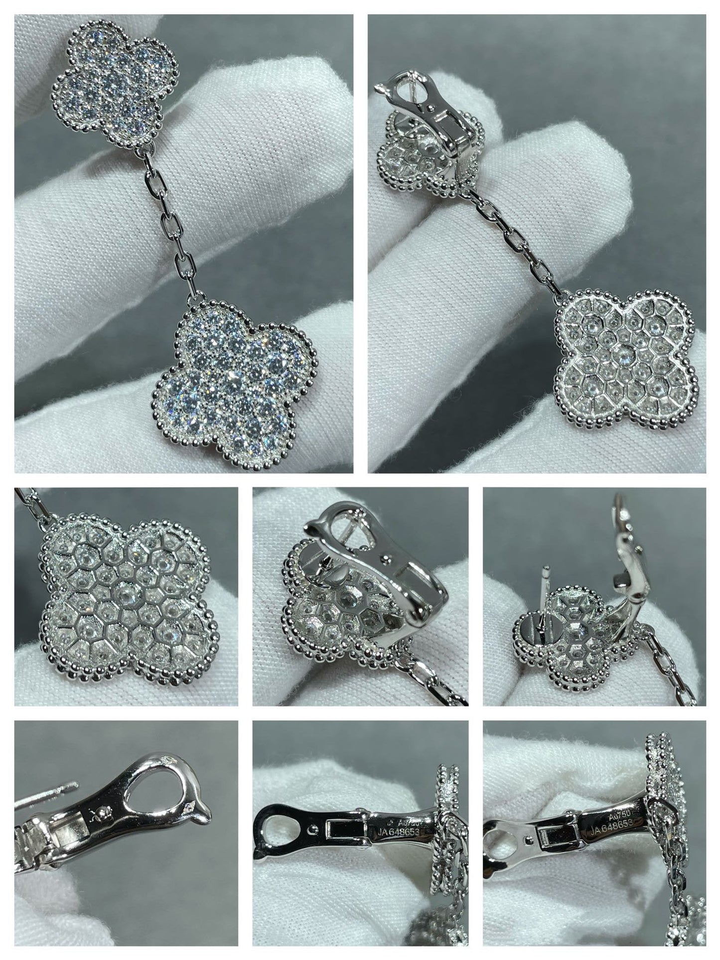 [Royal Jewelry]CLOVER 2 MOTIFS DIAMOND PAVED SILVER EARRINGS