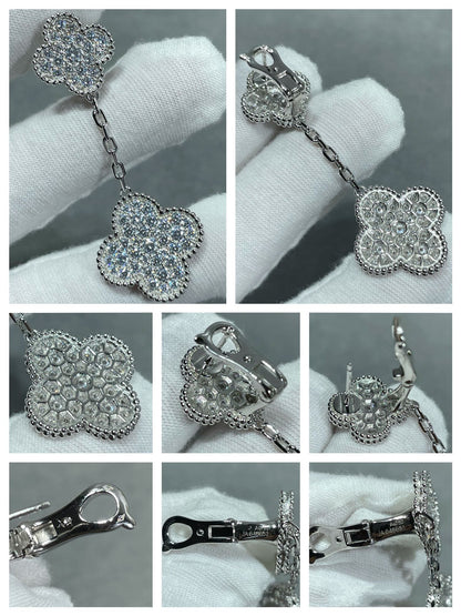 [Royal Jewelry]CLOVER 2 MOTIFS DIAMOND PAVED SILVER EARRINGS