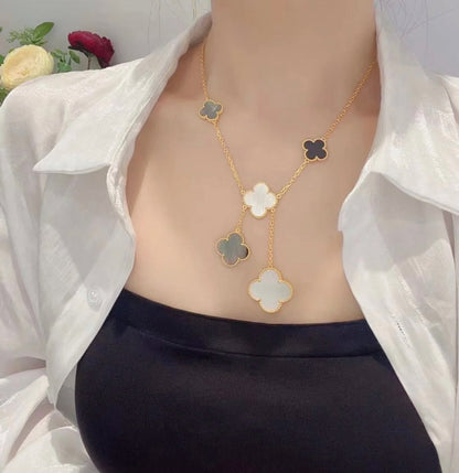 [Royal Jewelry]CLOVER 6 MOTIF MOP ONYX GOLD NECKLACE