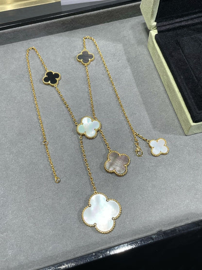 [Royal Jewelry]CLOVER 6 MOTIF MOP ONYX GOLD NECKLACE