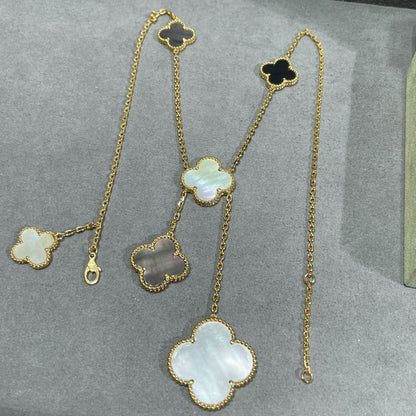 [Royal Jewelry]CLOVER 6 MOTIF MOP ONYX GOLD NECKLACE