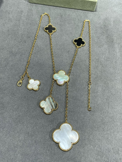 [Royal Jewelry]CLOVER 6 MOTIF MOP ONYX GOLD NECKLACE