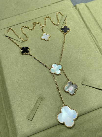 [Royal Jewelry]CLOVER 6 MOTIF MOP ONYX GOLD NECKLACE