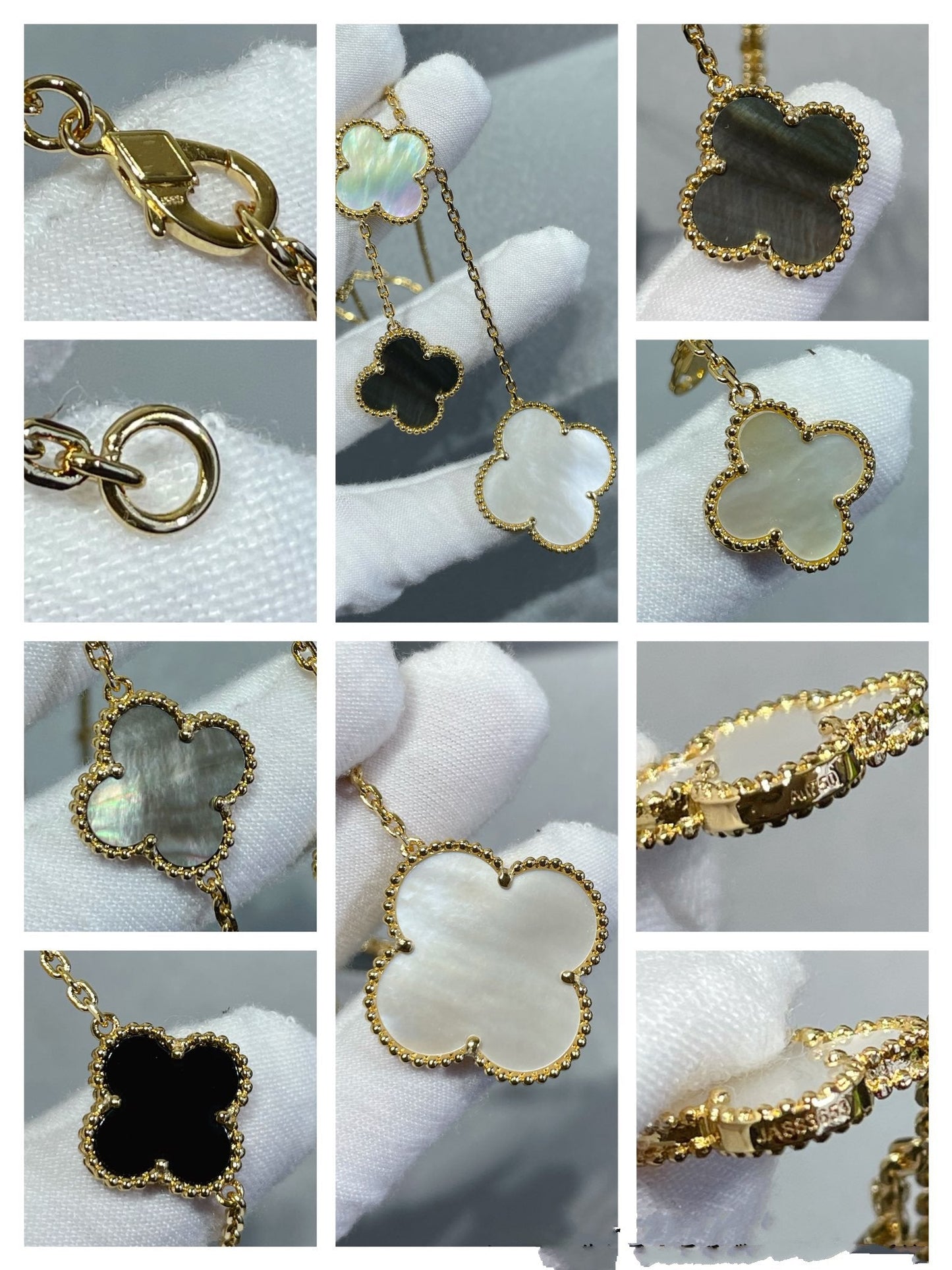 [Royal Jewelry]CLOVER 6 MOTIF MOP ONYX GOLD NECKLACE