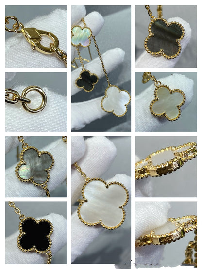 [Royal Jewelry]CLOVER 6 MOTIF MOP ONYX GOLD NECKLACE