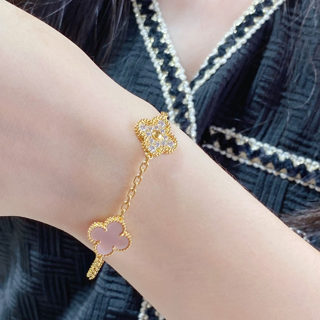 [Royal Jewelry]CLOVER 5 MOTIF DIAMOND PINK MOP PINK GOLD BRACELET