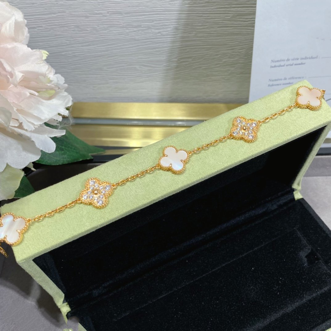 [Royal Jewelry]CLOVER 5 MOTIF DIAMOND PINK MOP PINK GOLD BRACELET